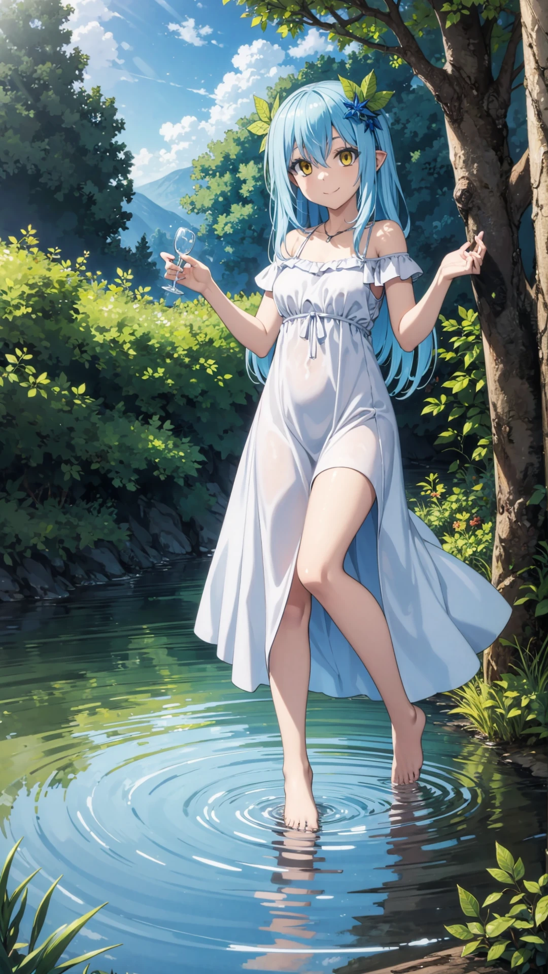 (8K, ultra-detailed, best quality, anatomically perfect body:1.5), (small breast:1.2), shiny skin, sage_(dq3), (have to pee:1.1), (urge to pee:1.2), (peeing self:0.6), (pp clothes:0.5), (very desperate to pee:1.3), (forest), (standing), (long white dress:1.4), (yellow gloves, yellow boots:1.1), (long hair, blue hair:1.1), red eyes, (belt, cape, cloak, circlet, bare shoulders), cleavage, (knees together and feet apart:1.4), (Rub each other's knees:1.2), (leaning forward:1.3), (hand between legs), (holding the crotch:1.3), (orgasm:1.1), (blush:1.1), (embarrassment:1.3), (impatience:1.2), (flustered:1.2), (fidgeting around:1.3), flowing sweat, (erotic waist twist:1.3), (panting), (breathless:1.2), Erotic feelings, (close eyes, closed mouth:0.8), looking away, (upskirt:1.4), nsfw,