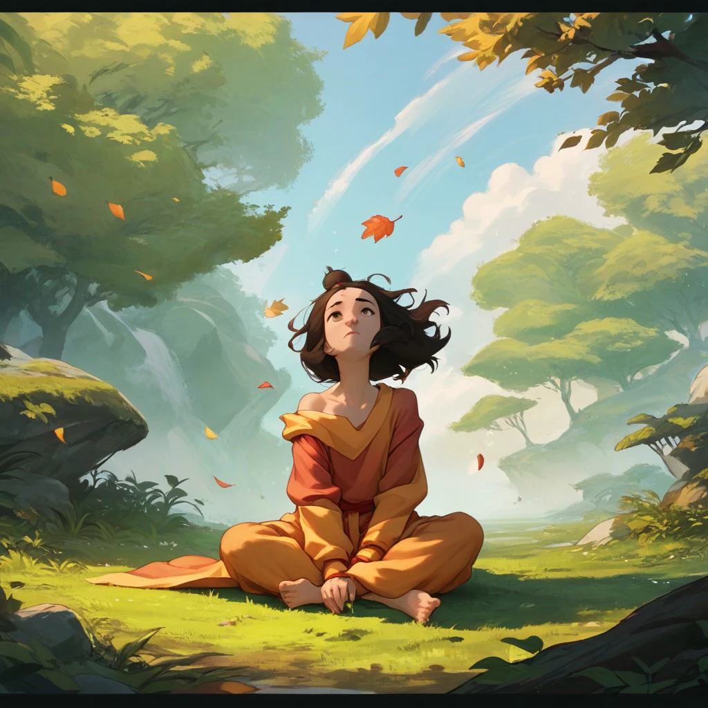 score_9, score_8_up, score_7_up, score_6_up, score_5_up, score_4_up, 1girl, Jinora, in a forest, sitting on the floor, barefoot, loose robes, exposed shoulder, windy, wind blown hair, leaves blowing in the wind, forehead arrow