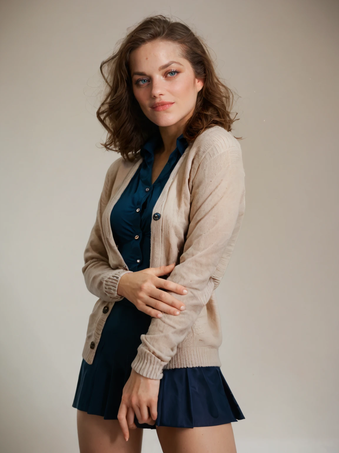 score_9, score_8_up, score_7_up, marioncotillard <lora:marioncotillard-pony-3:1>, 1girl, solo, breasts, brown hair, navy cardigan and A-line skirt, confident