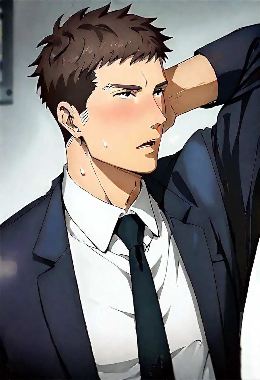 (score_9, score_8_up, score_7_up), ((source anime, best quality, best aesthetic, perfect anatomy, Gold Ratio, Art Composition, zPDXLxxx)), 1boy, doumeki, male_focus, handsome detailed face, black eyes, collared shirt, blazer, necktie, solo, modern office, portrait, (((Slightly Open Mouth, cold light, subject look up, Jump, Sing, arm behind head))), <lora:aesthetic_anime_v1s:1>, <lora:Smooth Anime 2 Style SDXL_LoRA_Pony Diffusion V6 XL:1>, <lora:Doumeki:0.8>