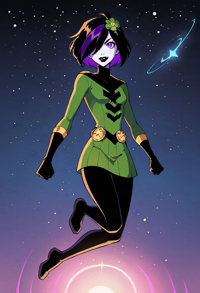 1girl, score_9, score_8_up, score_7_up, western cartoon, black belt, black lipstick, black gloves, purple eyes, black hair, dark purple streak in hair, hair cover one eye, medium bob, white skin, black leggings, black belt, gold circle on belt, green flower in hair, bright green dress, gold trim on gloves, flying, flying to side, clenched fist, one arm extended forward, one leg tucked, facing forward, looking at viewer, smile, masterpiece, high quality, full body, petite, short height, outer space, stars and planet in background, cute face, young, small bust, skinny, neon lighting, very detailed, depth of field, cinematic illumination, volumetric lighting, full color picture, vibrant colors, size difference, small woman, superman flying pose, purple neon aura,