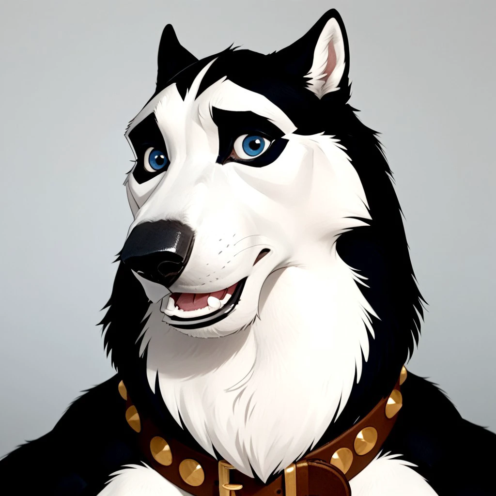 score_9, score_8_up, score_7_up, score_6_up, score_5_up, score_4_up, (Steele /balto/), husky, male husky, anthro male, anthropomorphic husky, furry male, shocked expression, looking at viewer, head shot, black and white fur, white snout, white face, black shoulders, black back, white chest, blue eyes, dark-blue eyelids, cheekbones, big collar, thick collar, studded collar, brown collar, leather collar, giant muscles, big muscles, broad shoulders, thick neck, brass buckle, headshot 1boi, solo