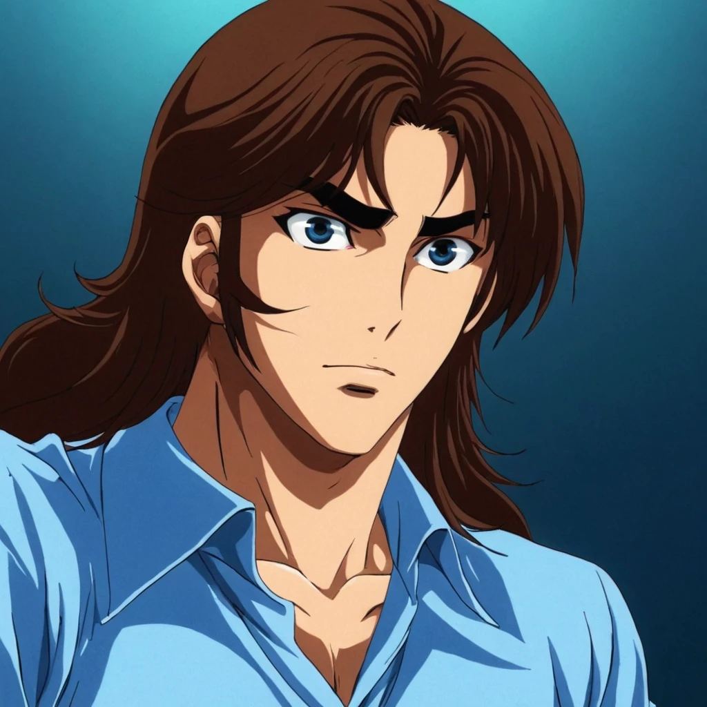 anime artwork of  <lora:Majinga style:1>
In anime manga universe, Daisuke Umon a man with long hair and a blue shirt, animation style, cartoon, video animation, animated cartoon style, cinematic animation style, visual stunning, Majinga style, sensitive, solo, long hair, looking at viewer, brown hair, 1boy, upper body, male focus, signature, dated, portrait, serious, realistic, general, bodysuit, blue background, superhero
, anime style, key visual, vibrant, studio anime,  highly detailed