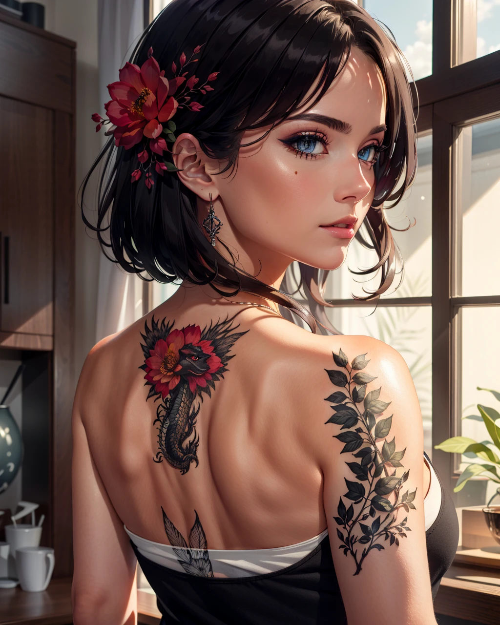 best quality,masterpiece,highly detailed,ultra-detailed,  
 <lora:neg9V2_last:0.7> 
(rubbing art ) <lora:rubbing-art:1>
1girl, tanktop, shoulder tattoo, floral print, hair ornament, plant,dragon tattoo,long