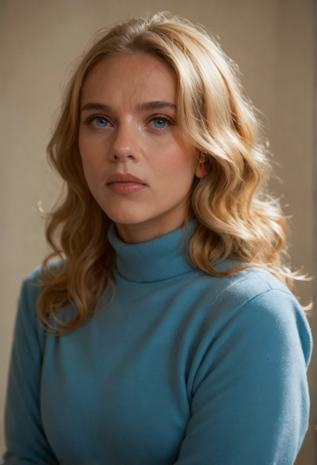 Beautiful blonde girl with big blue eyes. Red shirt. Hi resolution