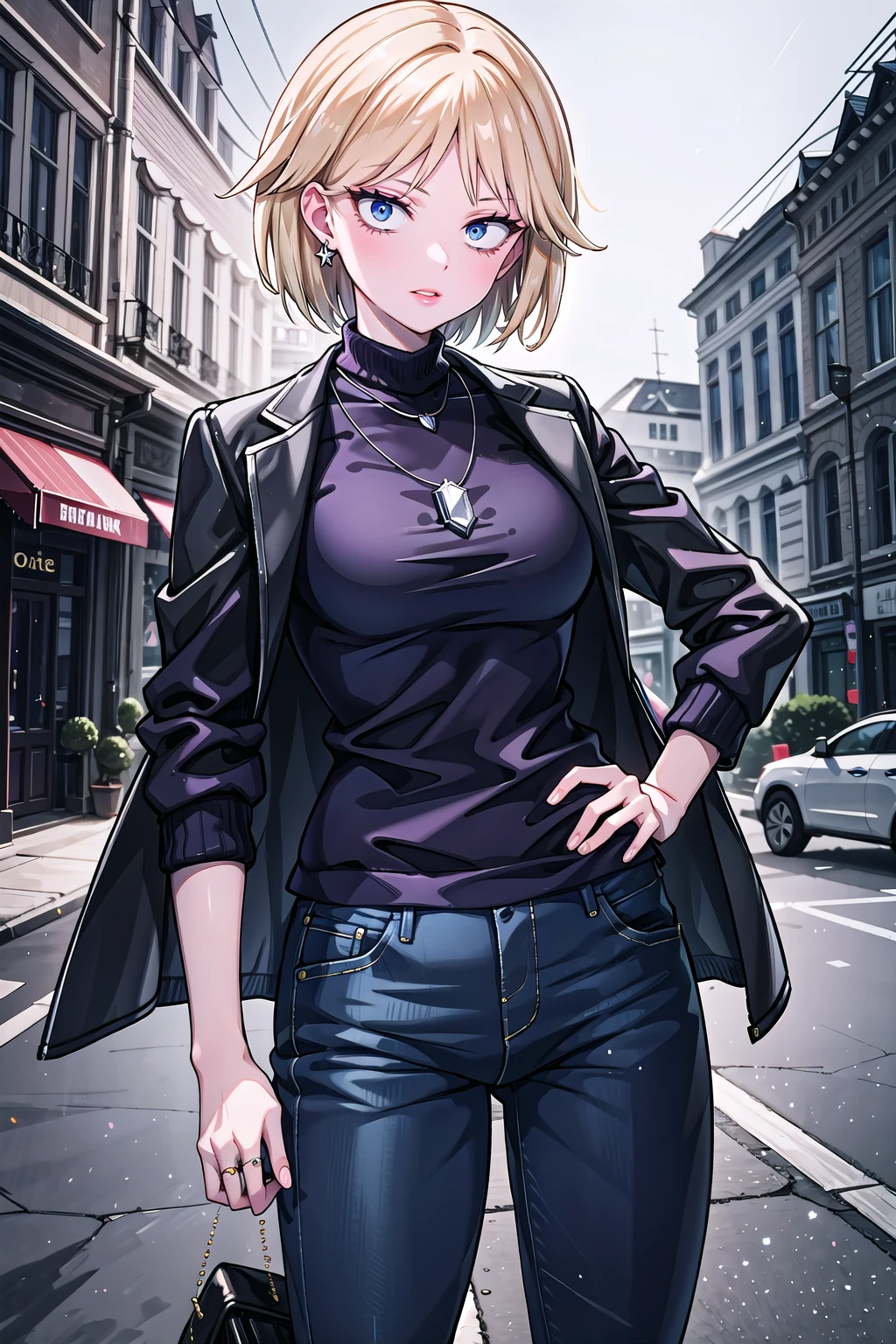 (masterpiece), best quality, high resolution, extremely detailed, detailed background, neiabaraja, 1girl, blonde hair, solo, short hair, pants, jacket, hand on hip, jewelry, necklace, handbag, jeans, jacket on shoulders, denim, turtleneck, medium breasts, parted_bangs, fashion, lips, casual, shirt, sweater, standing, looking at viewer, chain, alternate costume, long sleeves, cowboy shot, contrapposto, makeup, ring, lipstick, outdoors, <lora:Neia_V1:0.8>