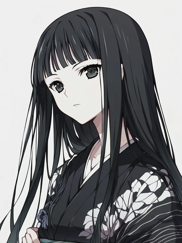 score_9, score_8_up, score_7_up, 
1girl, byakuya rinne, black hair, long hair, blunt bangs, hime cut, black eyes,

expressionless, looking at viewer, kimono,