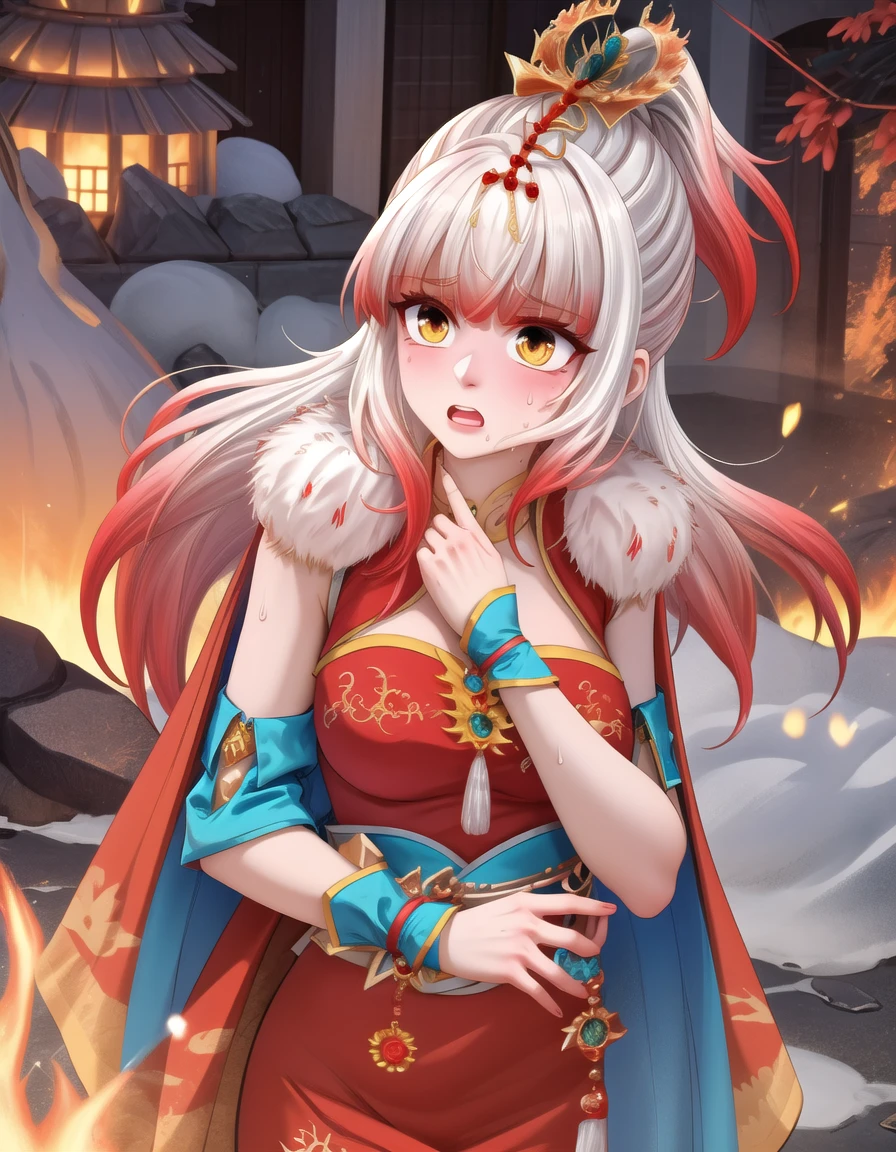 <lora:Feng_Xuer-10:1>, (masterpiece), (best quality), (ultra-detailed), absurdres, very aesthetic, illustration, feng_xuer, 1 girl, beautiful face, hair ornament, multicolored hair:1.5, white hair, red hair, long hair, high ponytail, yellow eyes, beautiful eyes, open mouth, sweat, red dress, red cape with yellow pattern, fur trim, white fur, volcanos, lava