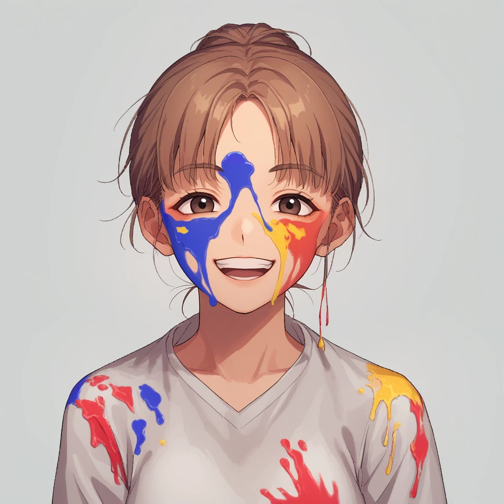 score_9, score_8_up, score_7_up, score_6_up, score_5_up, score_4_up, zPDXL2,source_anime,rating_safe, smile,solo, cowoby shot, 1girl, smock, artist, easle, <lora:Splatter:0.8> splatt3r, paint on body, covered in paint, paint splatter, wet paint, thick paint