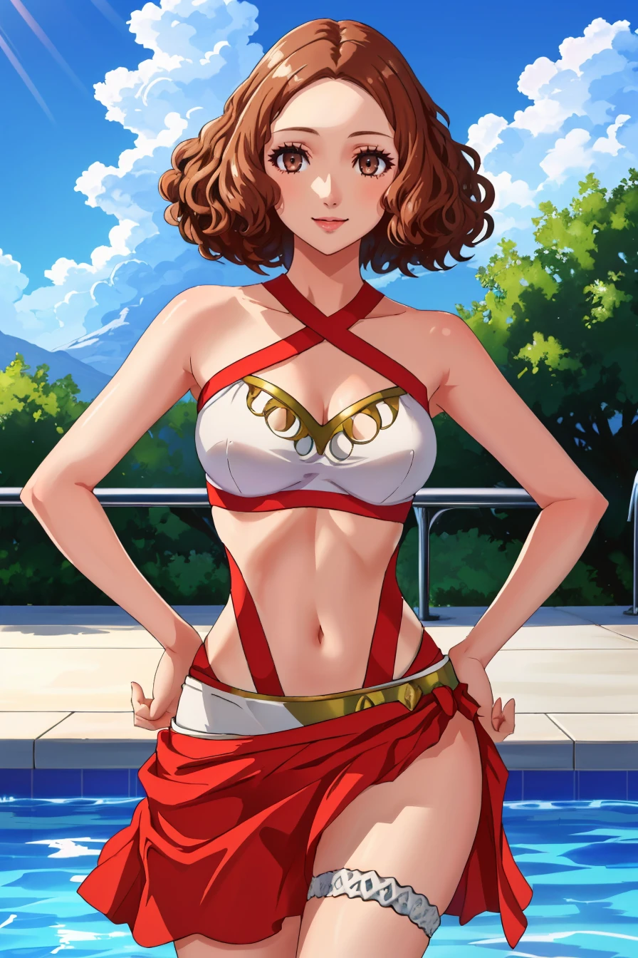 masterpiece, 1girl, cowboy shot, looking at viewer, smile, hand on own hip, <lora:FEEngageSwimwear:0.9> fe17swim, halterneck, white bikini, sarong, thighlet, bare shoulders, <lora:dsharu-v2:1> dsharu, brown hair, short hair, brown eyes, pool, sky, cloud