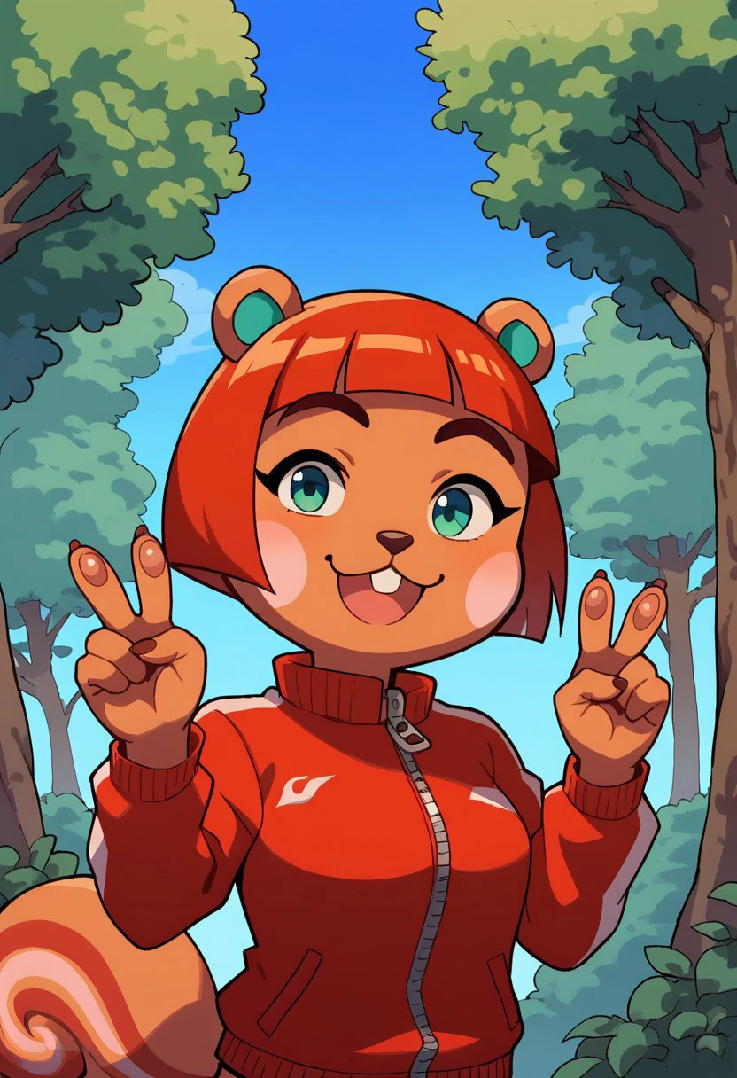 score_9, score_8_up, score_7_up, source_anime, 1girl, solo, HazelAC, furry female, orange fur, red hair, short hair, unibrow, squirrel ears, squirrel tail, buck teeth, red jacket, zipper, looking at viewer, smile, upper body, peace sign, dynamic pose, above angle, forest, green trees, sky