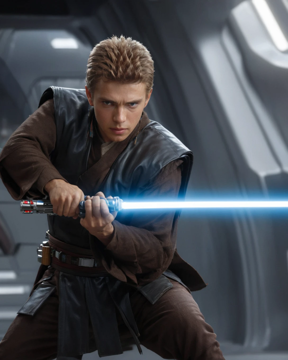 (three-quarter view:1.5) (close-up:0.5) shot of <lora:Anakin_Padawan_Jedi:0.8> Anakin Padawan Jedi is wearing a jedi outfit and holding lightsaber, (((dynamic action pose))), (((engaged in battle with stormtroopers))), 8k uhd, dslr, soft lighting, high quality, background of black sci-fi spaceship corridor, intricate details, masterpiece, trending on artstation, realistic, Cinematic, epic, action packed, incredibly detailed and realistic, magnificent, vignette, high budget, bokeh, moody, sharp, highly detailed, concept art, realistic hands, dynamic pose, dynamic shotfantastic location, majestic cluttered environment, 8k unity render, action shot, skin pores, detailed, detailed face, (vibrant, photorealistic, realistic, dramatic, dark, sharp focus, 8k), (weathered damaged old worn leather outfit:1.5), (intricate:1.5), (highly detailed:1.4), octane render, sharp focus, art by artgerm, (loish:0.23) , wlop ilya kuvshinov, and greg rutkowski and alphonse mucha gracias, (global illumination, studio light, volumetric light),  <lora:Perfect Hands:0.8> Perfect Hands