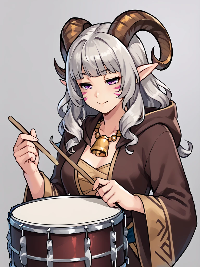 <lora:whisker_markings:0.8>red whisker_markings,
source_furry, score_7_up, rating_safe, cowboy shot, gold necklace, tiefing, short pointed ears, brown horns, (a pair of brown sheep Horns that begin at her temples and curve back: 1.5), bangs, long silver hair long wavy hair, pale skin ,short pointy ears, purple eyes, <lora:age_slider_v4:0.6>   medium breasts, skinny female, close up, silver hair, <lora:Tieflingnew weird fantasyDND:0.3> Tiefling, pointed ears, horns, half-closed eyes<lora:Smooth Style 2 SDXL_LoRA_Pony Diffusion V6 XL:0.5> bell, robe, hood off, 
 <lora:snare_drum:1> snare_durm, holding instrument, holding drumsticks, drumming,