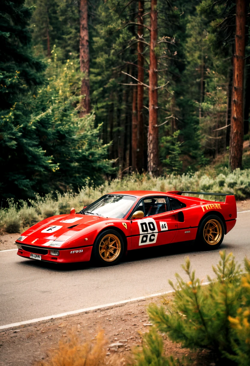 analog film photo (Sportscar, colorful Ferrari rally prototype, front side view, vegetation, sunny, mountain road, pine trees), (film grain:1.5) . faded film, desaturated, 35mm photo, grainy, vignette, vintage, Kodachrome, Lomography, stained, highly detailed, found footage, cinematic film still (Sportscar, colorful Ferrari rally prototype, front side view, vegetation, sunny, mountain road, pine trees), (film grain:1.5) . shallow depth of field, vignette, highly detailed, high budget, bokeh, cinemascope, moody, epic, gorgeous, film grain, grainy