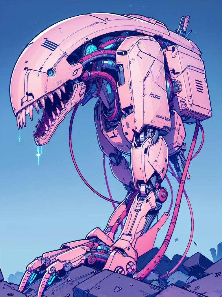 <lora:retro_neon-SD:0.8>,
retro_neon, robot, no humans, mecha, teeth, non-humanoid robot, sharp teeth, science fiction, cable
