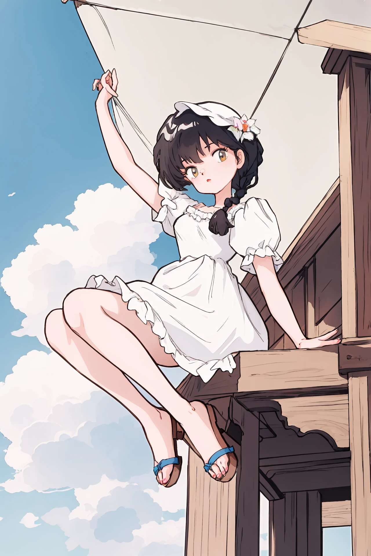 (masterpiece,best quality,absurdres),1girl,solo,milkmaid braid hair,summer_dress,sandals,cinematic_angle,dynamic_angle,looking at viewer,<lora:Takahashi Rumiko character style_bx-v1.05:1>,