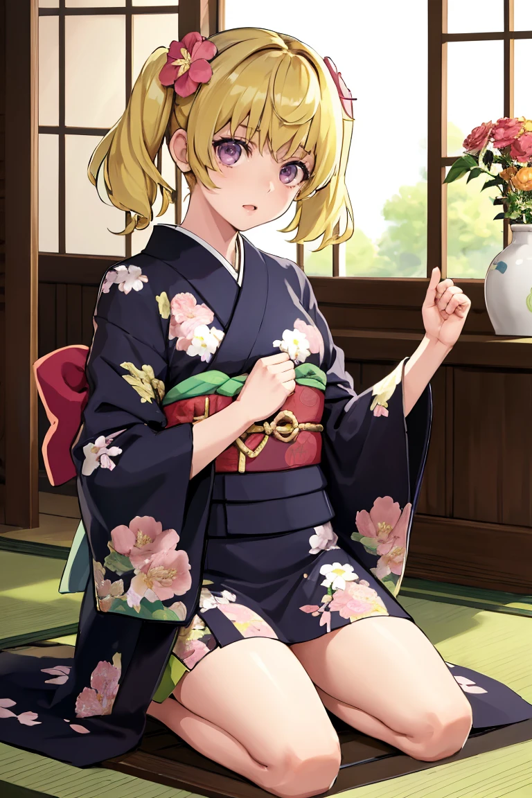 masterpiece, best quality, absurdres, 1girl, solo, MitsubaSanguu, short hair, twintails, indoors, kimono, hair flower, floral print, wariza, kneeling, <lora:CHAR-MitsubaSanguu:1>