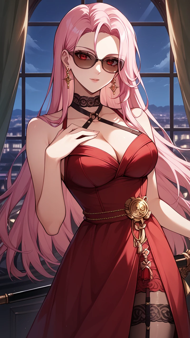 score_9, score_8_up, score_7_up, score_6_up, source_anime, BREAK masterpiece, <lora:SpectreDNF:0.8>, SpectreDNF, pink hair, large earrings, red eyes, long hair, sunglasses, red dress, bare shouders, laced choker, embroidery, night, large window, curtains, ballroom,  cleavage, looking at viewer, hand on own chest,