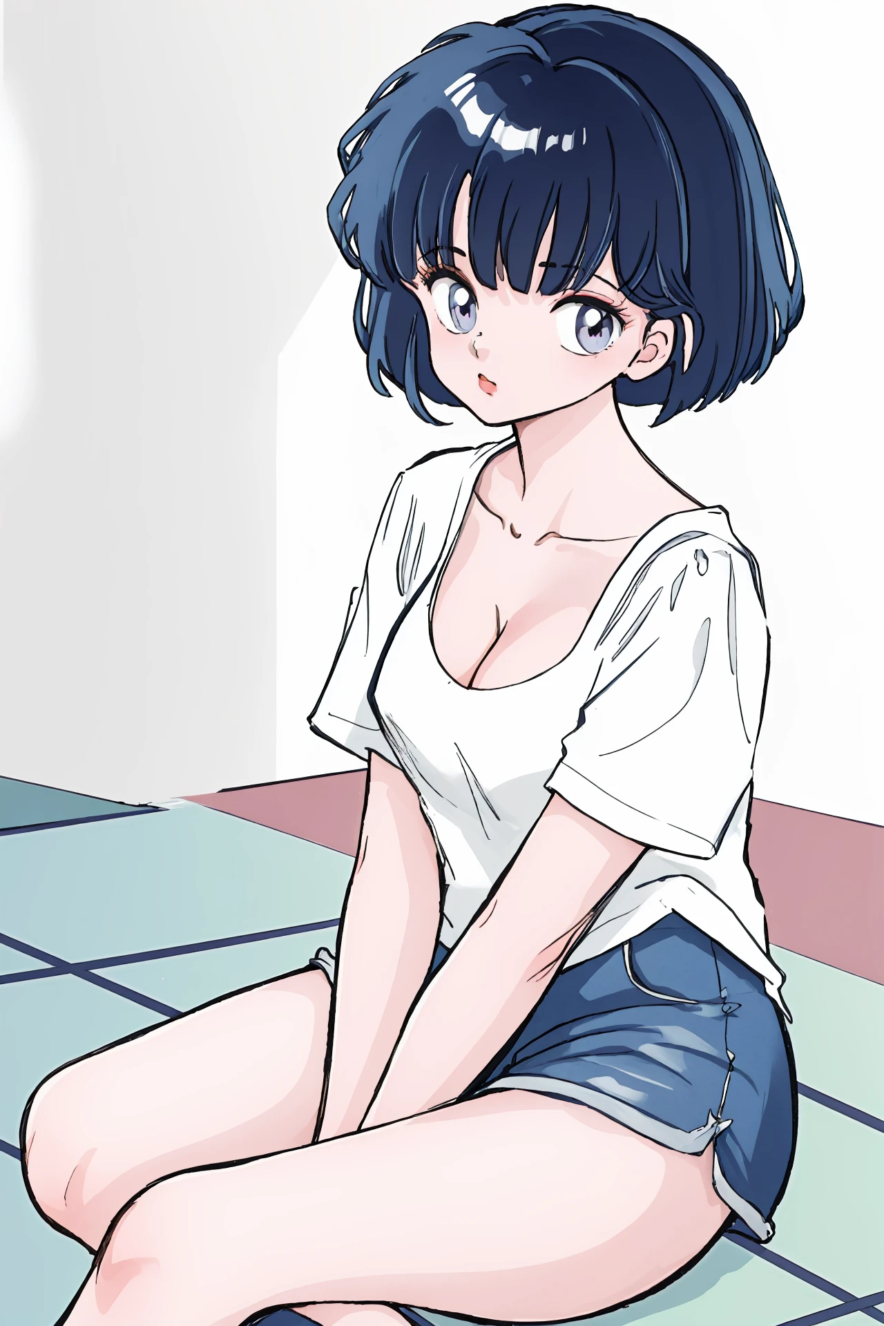 (masterpiece,best quality,absurdres),1girl,solo,diagonal bangs,cleavage,short sleeves,t-shirt,oversized clothes,medium breasts,sitting,thighs,dynamic_angle,looking at viewer,simple background,<lora:Takahashi Rumiko character style_bx-v1.05:1>,