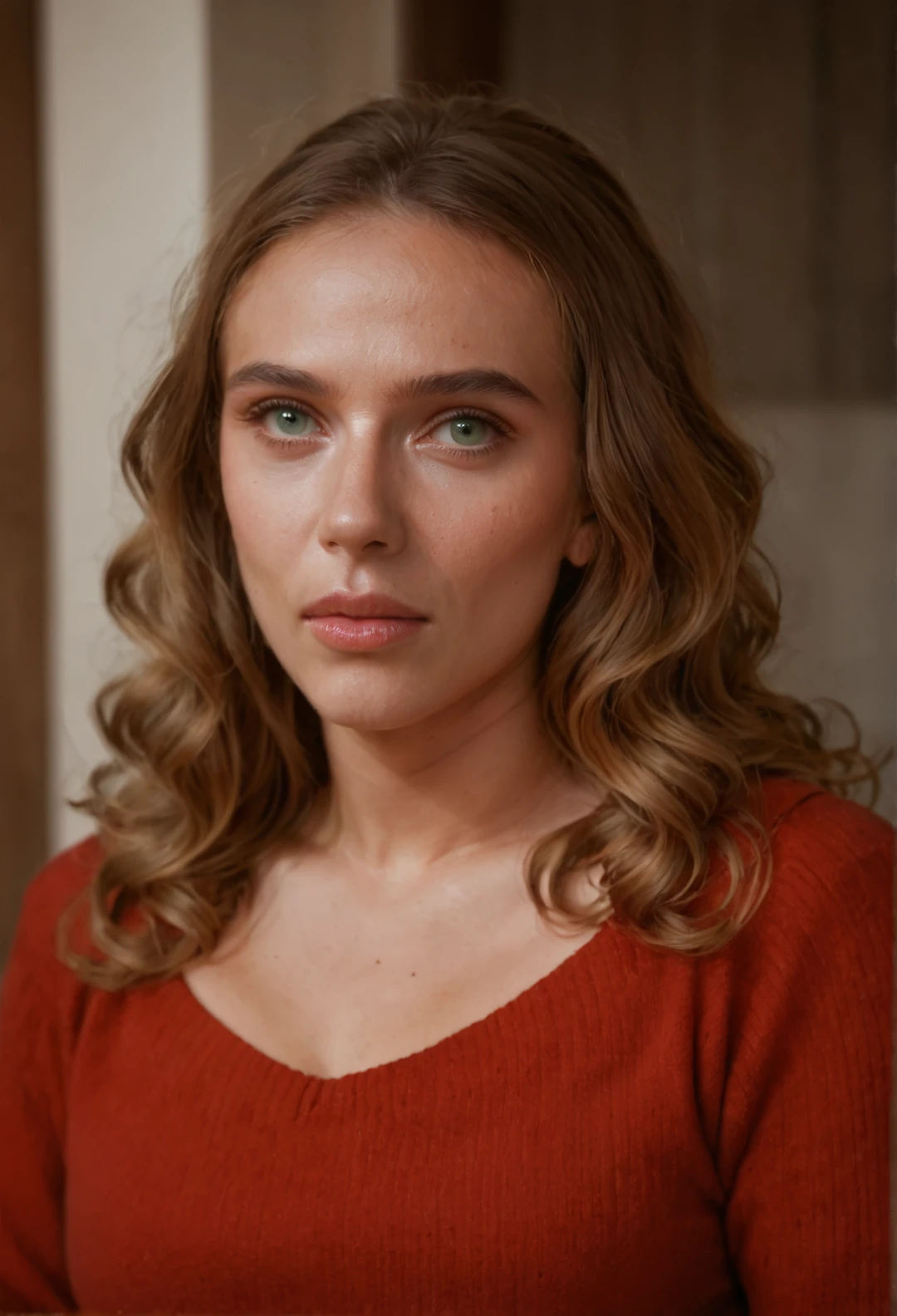 score_9, score_8_up, score_7_up, ScarlettJ, 1girl, solo, green eyes, brown hair, jewelry, upper body, lips, looking at the viewer, realistic, nose, red sweater, wavy hair