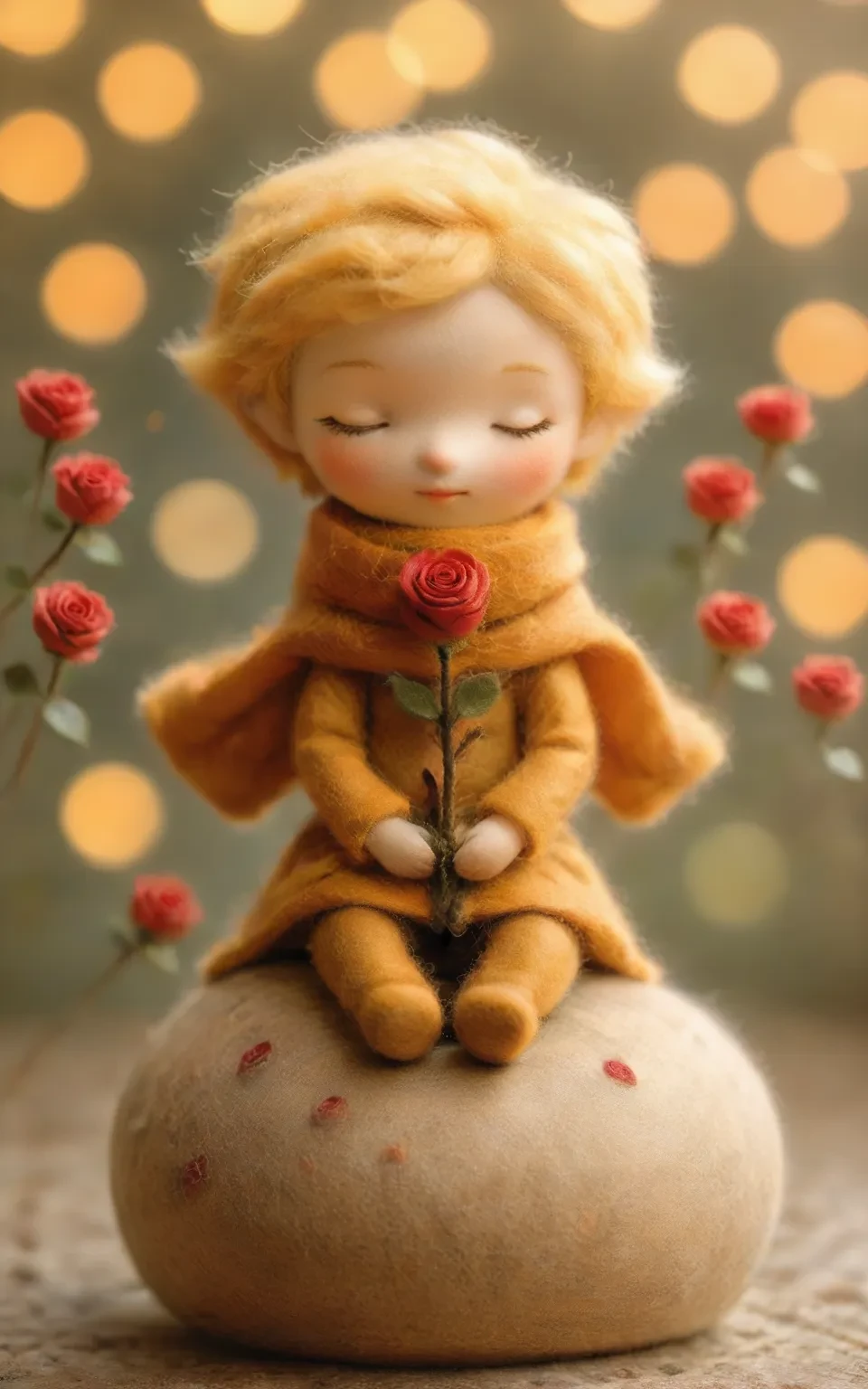 1girl,maozhan
felt style,the image showcases a whimsical doll with golden hair,closed eyes,and a scarf,seated on a spherical object. The doll holds a red rose and is surrounded by bokeh lights. The main colors are green,orange,and red.,
masterpiece, newest, absurdres,safe
<lora:maozhan:1>