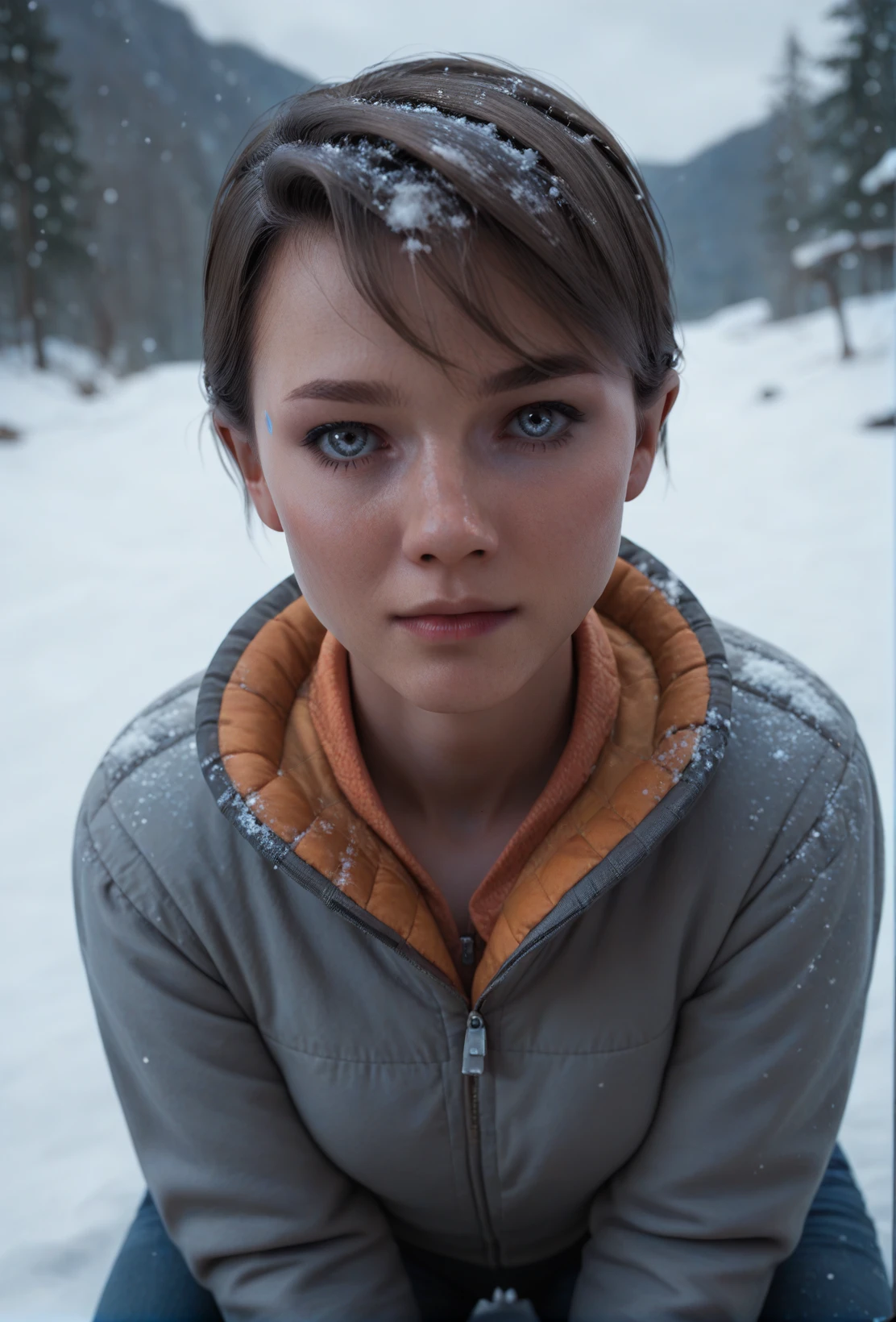 <lora:SynthKaraDBH:1> k4ra, snow, looking at the viewer, blue eyes, short hair, score_9, score_8_up, score_7_up, score_6_up