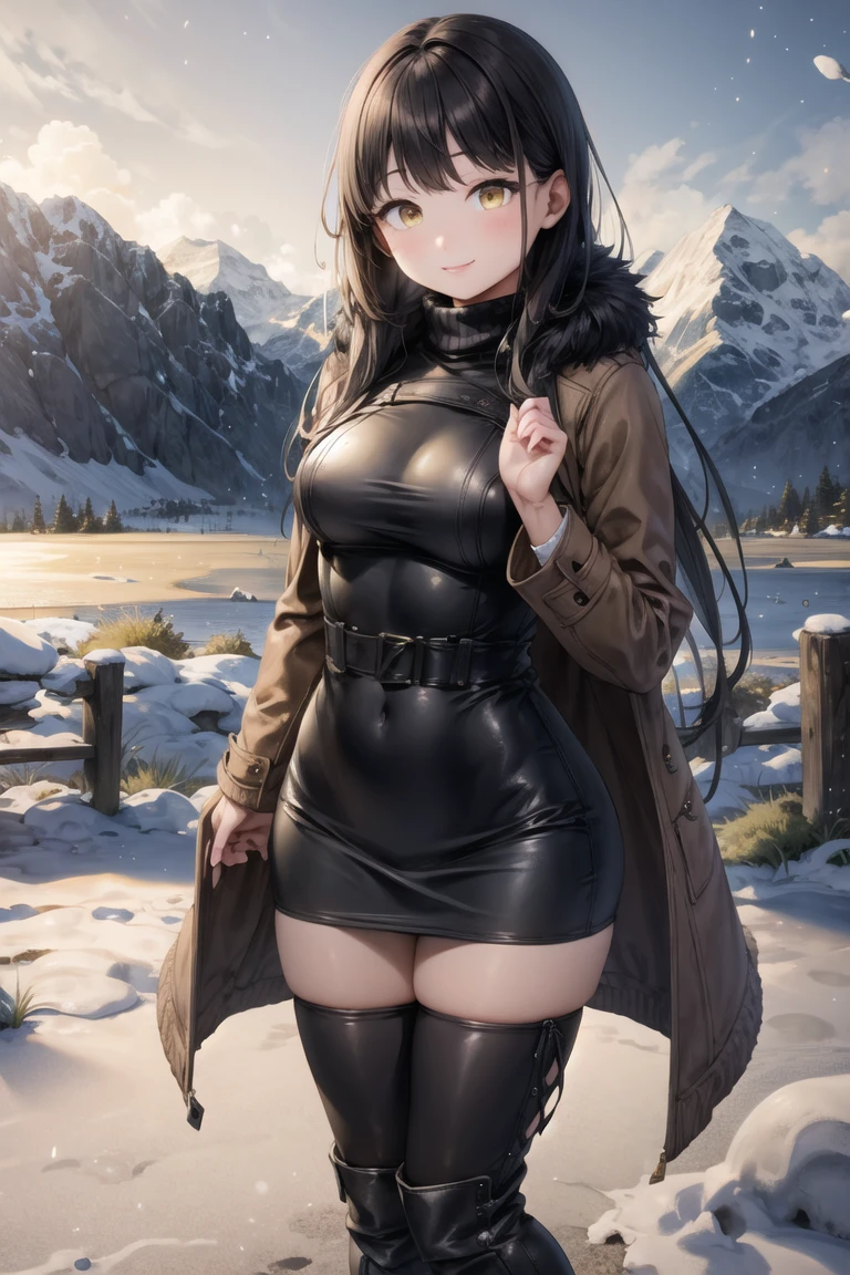 (masterpiece, best quality, beautiful and aesthetic:1.2), 1girl, solo,(soft skin:1.1),standing, cowboy shot,(detailed background), outside, snowstorm in the ice mountains, at dawn, winter clothes, (long overall coat:1.3), turtleneck sweater, (miniskirt:1.3), (long fur leggings:1.3),  (long leather boots:1.3), charming pose, seductive, smiling, yellow eyes, black hair, pony tail, 
<lora:sugiyuu-10:0.8:lbw=ALL>