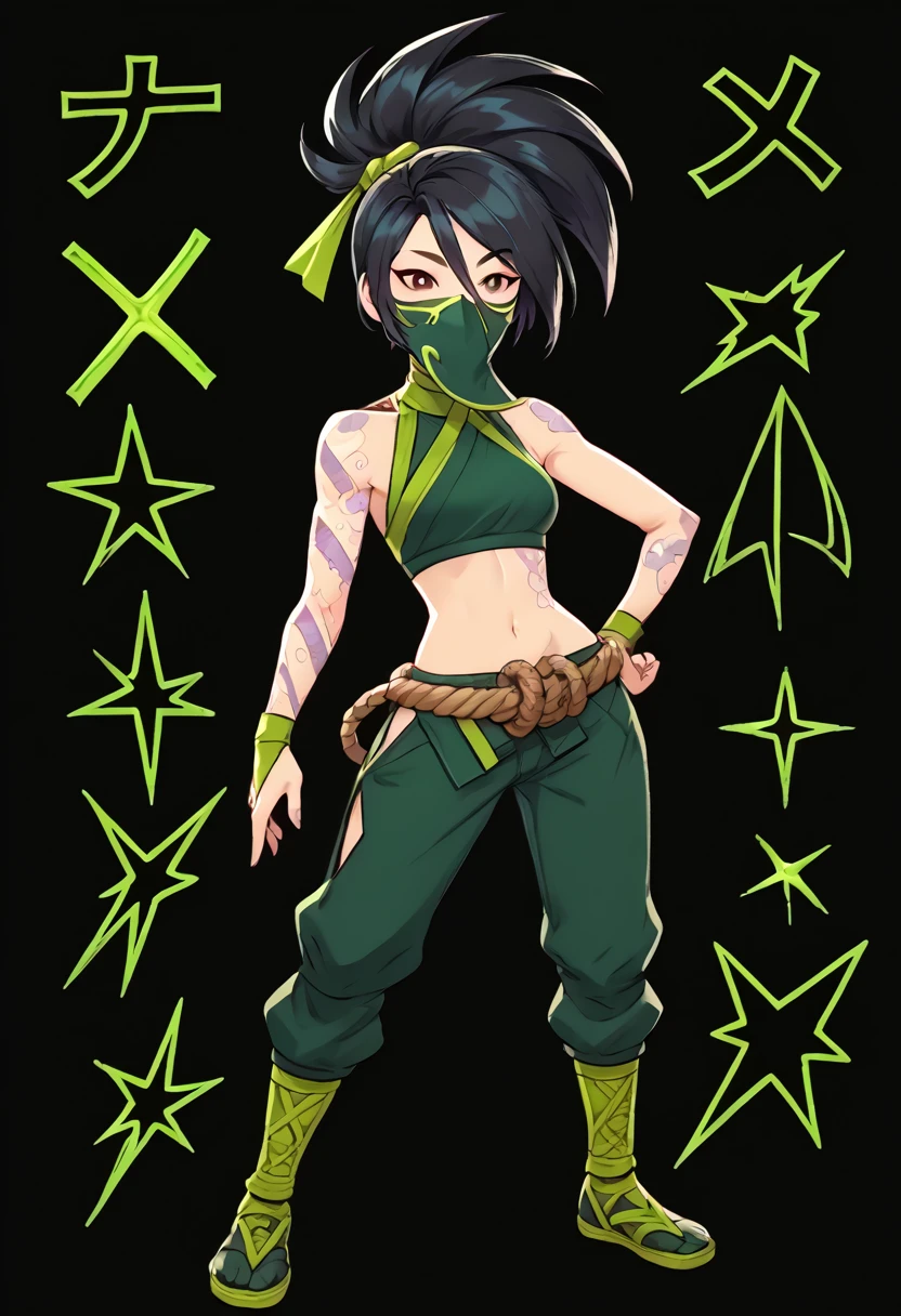 source_anime, akalisdxl, 1girl, solo, long hair, breasts, bangs, black hair, ribbon, navel, hair between eyes, bare shoulders, medium breasts, standing, hair ribbon, ponytail, brown eyes, cowboy shot, sleeveless, midriff, pants, stomach, crop top, tattoo, mask, rope, green shirt, mouth mask, green ribbon, ninja, arm tattoo, hip vent, rgreen pants, akali, chibi, full body, vx90pv, neon colors, sparkle, star (symbol), english text, black background, simple background, <lora:vichox_90s_poly_vaporwaveart:1>, <lora:AkaliSDXL:1>