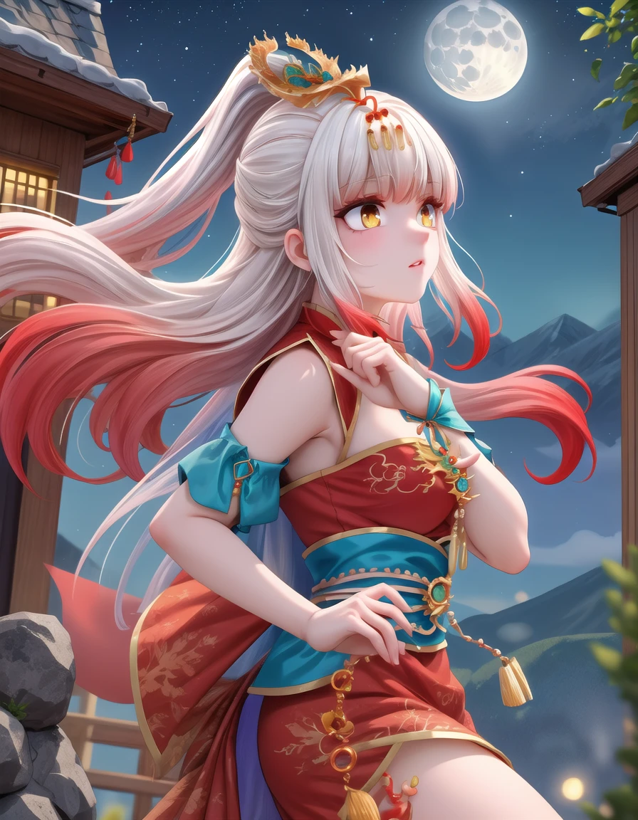 <lora:Feng_Xuer-10:0.8>, from side, (masterpiece), (best quality), (ultra-detailed), absurdres, very aesthetic, illustration, feng_xuer, 1 girl, beautiful face, hair ornament, multicolored hair:1.5, white hair, red hair, long hair, high ponytail, yellow eyes, beautiful eyes, red dress, night, moon, looking up, mountains, <lora:goodhands_Beta_Gtonero:0.7>, good hands