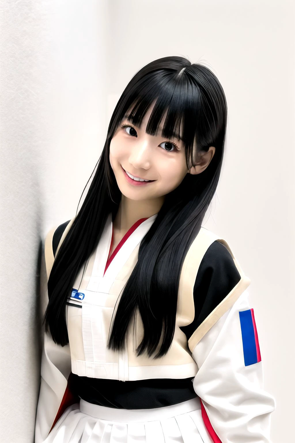 1girl, solo, medium breasts, looking at viewer, realistic, photorealistic, black hair, long hair, smile, black eyes, bangs, hyper detailed, super sharp, crisp, smooth, smooth gradients, depth of field, (in studio: 1.1), (white background: 1.1), <lora:shiorin_momoda:1>, <lora:breastsizeslideroffset:-0.4>, <lora:add_detail_v5:1>, student uniform, serafuku, skirt, (sfw: 1.1), open jacket