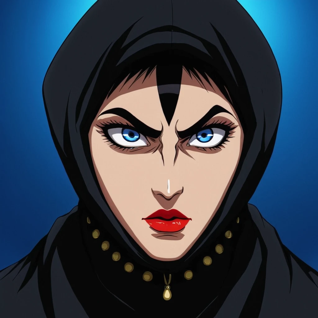 anime artwork of  <lora:Majinga style:0.3>
 <lora:Baron Ashura:1>
Baron Ashura a cartoon character with a hood on, gynandromorphic, animation style, cartoon, video animation, animated cartoon style, cinematic animation style, visual stunning, Majinga style, solo, looking at viewer, blue eyes, black hair, 1boy, male focus, hood, black eyes, makeup, portrait, lipstick, hood up, serious, red lips, split theme
, anime style, key visual, vibrant, studio anime,  highly detailed