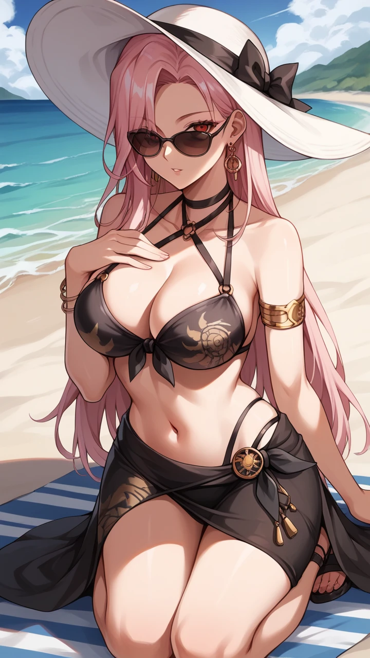 score_9, score_8_up, score_7_up, score_6_up, source_anime, BREAK masterpiece, <lora:SpectreDNF:1>, SpectreDNF, pink hair, large earrings, red eyes, long hair, sunglasses, black bikini, halterneck, cleavage, print bikini, large breasts, sunhat, kneeling, parted lips, close-up, hand on own chest, sarong, armlet, looking at viewer, beach, beach towel,