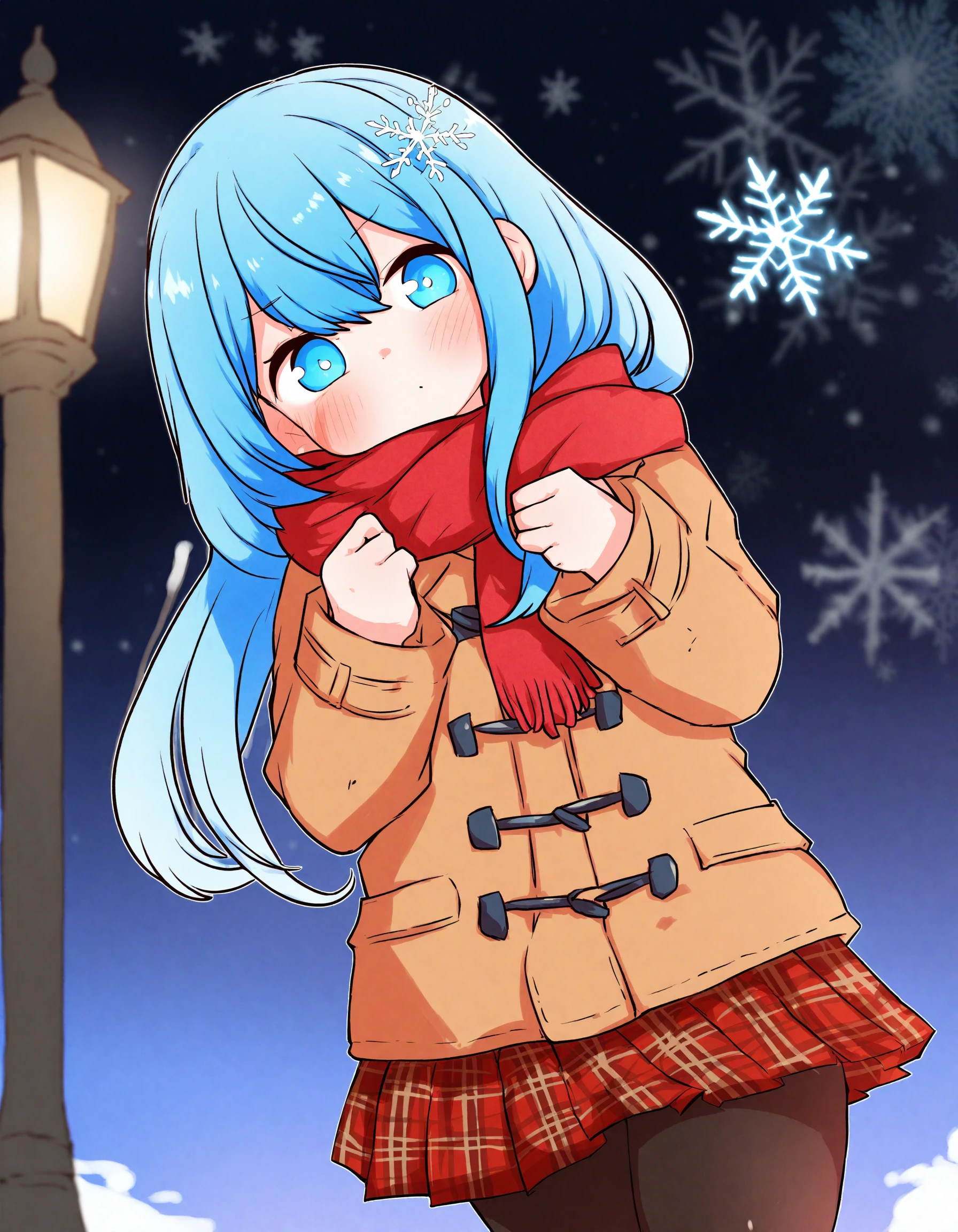 done \(donezumi\), 1girl, solo, depth of field, long hair, hair between eyes, blue hair, blue eyes, looking at viewer, blush, closed mouth, head tilt, hands up, red skirt, pleated skirt, black pantyhose, hair ornament, scarf, red scarf, long sleeves, brown jacket, brown coat, duffel coat, fringe trim, plaid, outdoors, night sky, night, snowflakes, lamppost