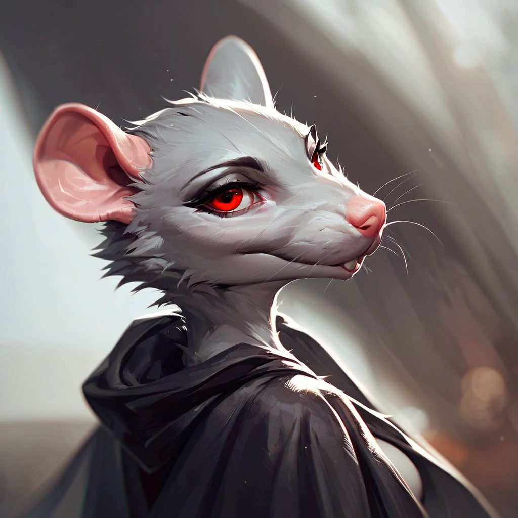 (((beautiful, high quality))), upper Body, score_9, score_8_up, score_7_up, 
ratfolk, furry rat, 1girl, grey fur, red eyes, black cape, 
looking at the viewer, posing, blurred background,