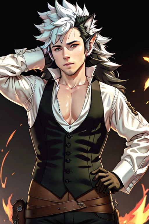 <lora:keaton:0.6> keaton, fire emblem, fates, man, (long hair), multicolor hair, white hairs on top, black hairs below, wolf ears, wolf tail, fluffy tail, wolfskin, red eyes, mischievous, fierce, muscular build, sleeveless black vest, black trousers, white shirt, brown gauntlets, boots, ultra detailed digital art, dramatic, trending on artstation, sharp focus, perfect composition, concept art, 8k, studio photo, ethereal colors background, volumetric lighting, light studio, vibrant, intricate details, tonemapping, <lora:add_detail:0.6>