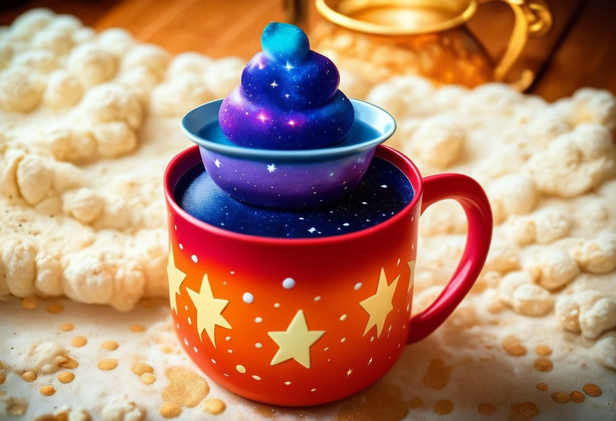 score_9, score_8_up, score_7_up, enchanting scene, a steaming cup of coffee, the liquid within the cup forms a swirling cosmic galaxy, The coffee surface is a mesmerizing mix of deep purples and blues and pinks dotted with stars and nebulae, fit the vastness of space inside the cup, The cup rests on a saucer that reflects the celestial patterns, surrounded by tiny star-shaped cookies and cosmic-themed decorations, The atmosphere is magical and dreamy