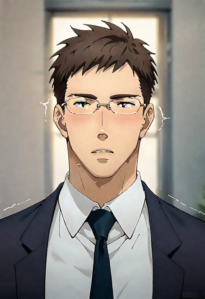 (score_9, score_8_up, score_7_up), ((source anime, best quality, best aesthetic, perfect anatomy, Gold Ratio, Art Composition, zPDXLxxx)), 1boy, doumeki, male_focus, handsome detailed face, black eyes, collared shirt, blazer, necktie, solo, modern office, portrait, (((Parted Lips, cinematic lighting, subject look up, looking over glasses, Twitching, Caramelldansen))), <lora:aesthetic_anime_v1s:1>, <lora:Smooth Anime 2 Style SDXL_LoRA_Pony Diffusion V6 XL:1>, <lora:Doumeki:0.8>