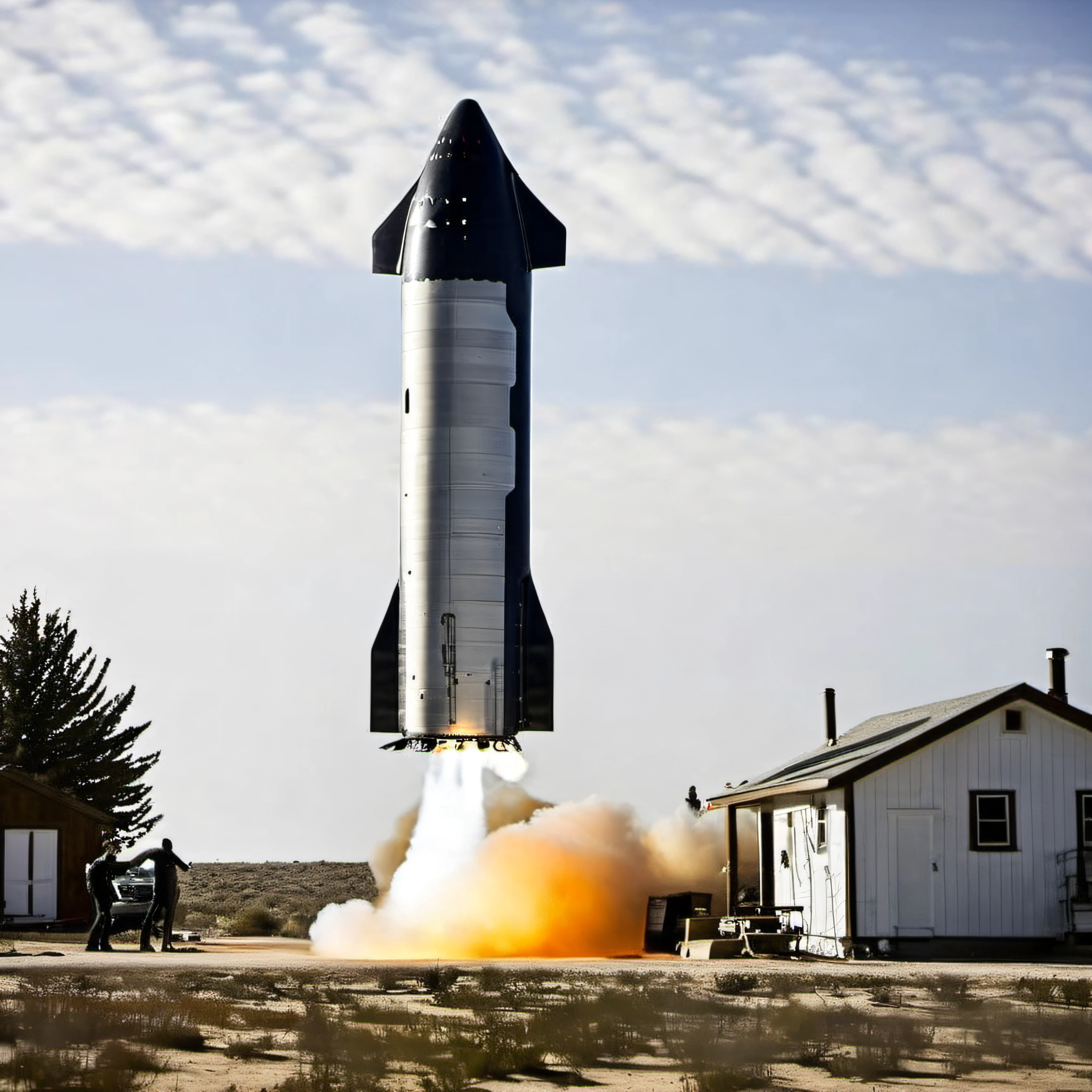 Crew 1starship landing on a small house, engines on, photograph