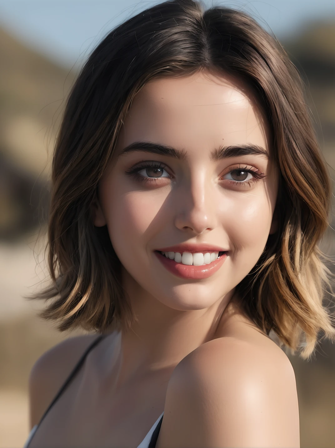 close-up, KymJane, shoulder length wavy dark hair, grin, smile, wearing a red beachwear bikini, tropical beach background with palm trees, epic character composition, by ilya kuvshinov, alessio albi, nina masic, sharp focus, natural lighting, subsurface scattering, sharp focus:1.2, masterpiece, realistic, hyper realistic, high contrast, High Detail, cinematic color grading
