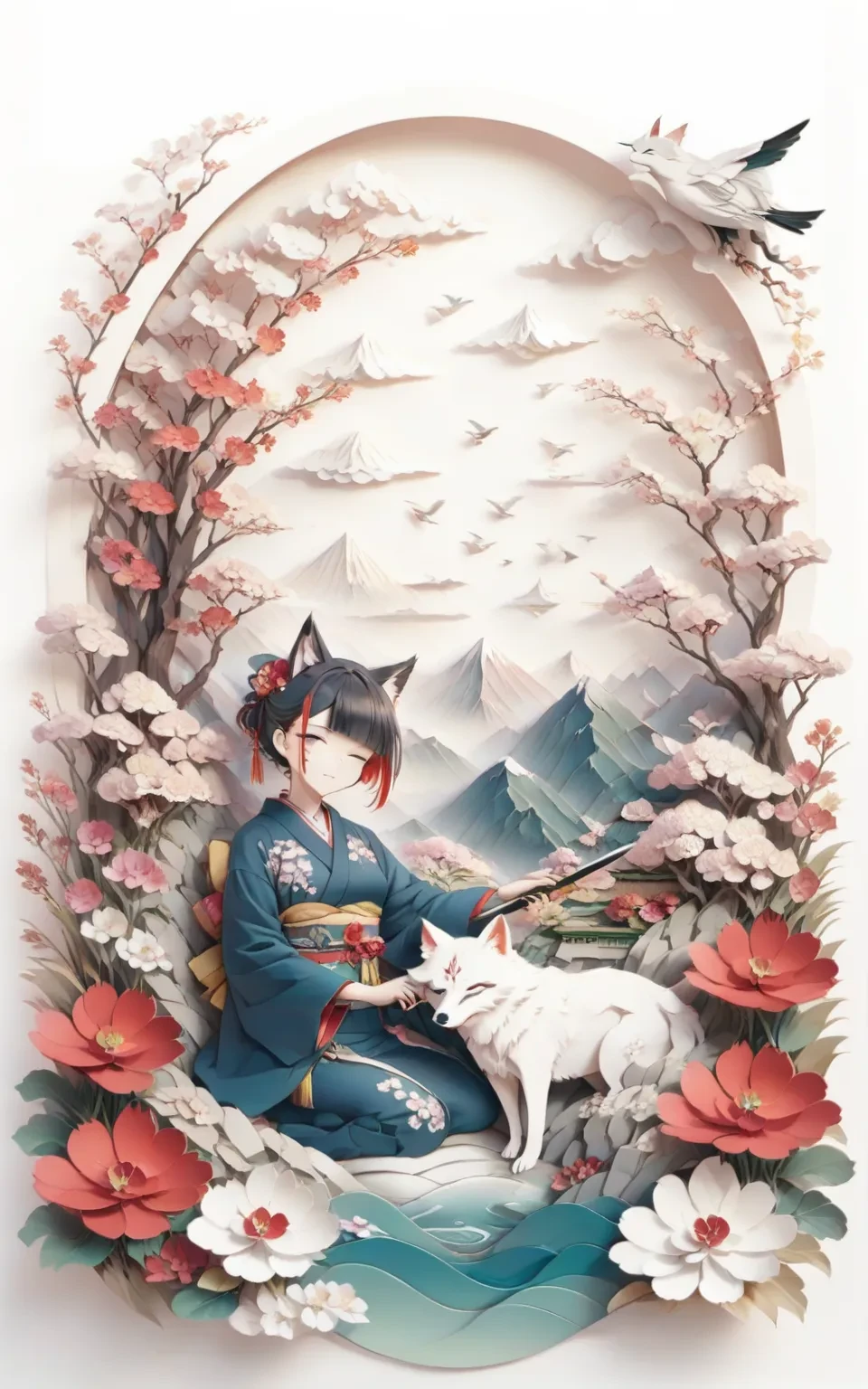 1girl, 
jzys, sword, japanese clothes, white hair, animal on lap, head tilt, red flower, closed eyes, closed mouth, black hair, simple background, official alternate hair length, official alternate hairstyle, blunt bangs, animal, wolf, streaked hair, hair over one eye, virtual youtuber, sheath, kimono, long sleeves, holding, holding sheath, seiza, short hair, looking at viewer, one eye covered, official alternate costume, blue kimono, holding weapon, grey eyes, sitting, multicolored hair, white background, holding sword, on lap, weapon, flower, wide sleeves, 
masterpiece, newest, absurdres, safe
 <lora:jzys:1>