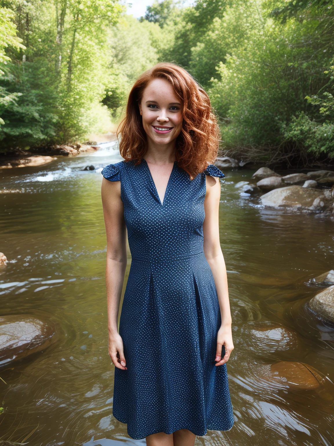 jkw, professional portrait of 1girl, curly hair, shiny hair, smile, pretty face, messy hair, eye focus, blue eyes, lipstick, polka dot dress, standing in river, forest river, ((yellow)), depth of field, lips
