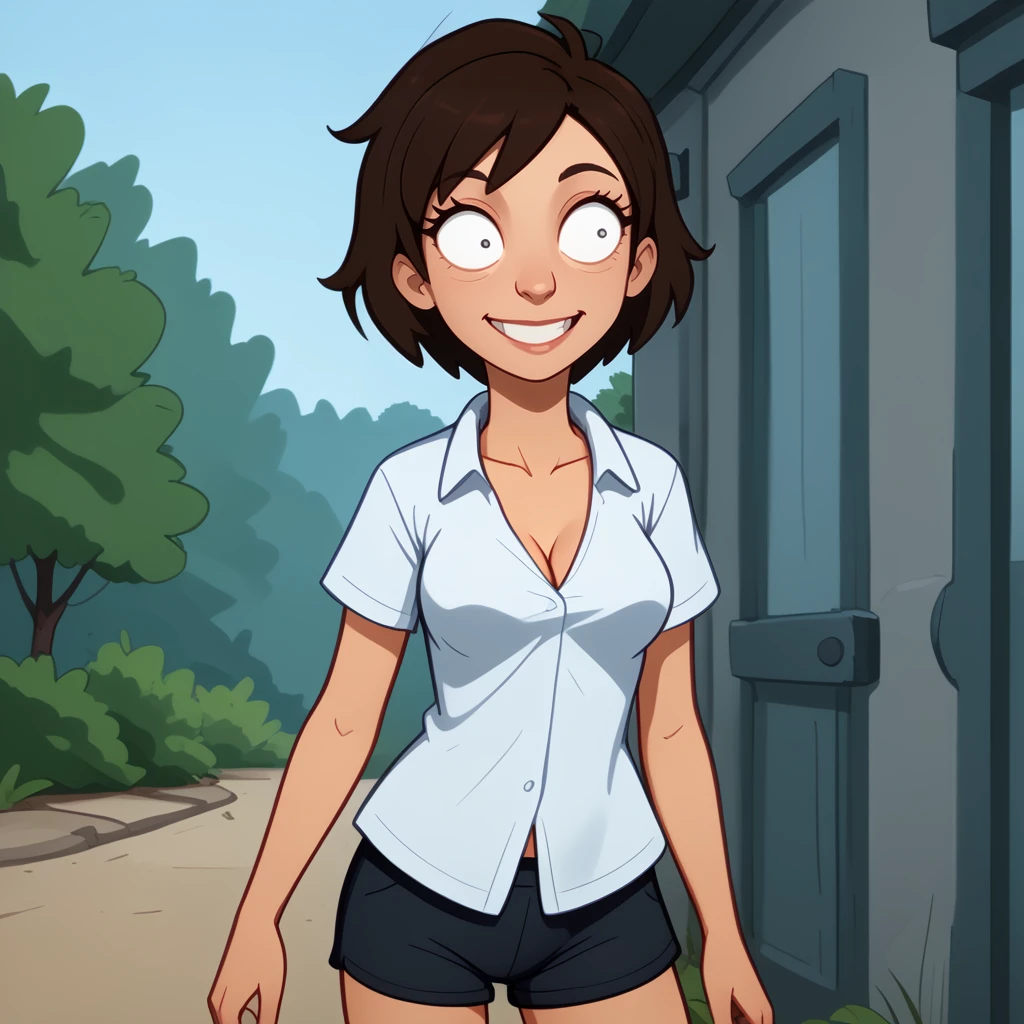 <lora:Sal_The_Smut_shop_Owner_-_Bovs_Burgers-10:1.0>sal_porno_dealer, 1girl, brown hair, black eyes, short hair, white shirt, open eyes, female focus, shirt, open collared shirt, short sleeves solo, parody, outdoors, smile,  boxer shorts, outdoors, breasts, smile teeth, pervert, source_cartoon, score_9, score_8_up, score_7_up,