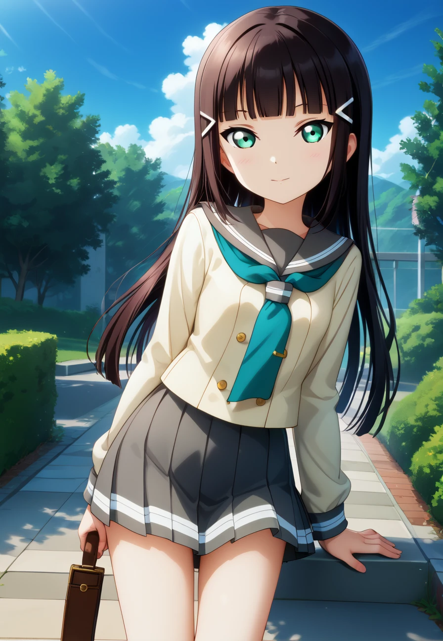 score_9, score_8_up, score_7_up, score_6_up, score_5_up, score_4_up, score_explicit, BREAK , beautiful detailed face with clear eyes, sharp,
, uniform, serafuku,
 , kurosawa dia, (blunt bangs:1.3),  dark hair    , (slim, thin weist, petite:1.3), (full body:0.8), 
1girl, , bangs,, black hair, day,cyan eyes, (green eyes:0.3), , hairclip, , kurosawa dia, long hair, <lora:lovelivechar_kk-pony:0.5>, anime screenshot,,  <lora:Dia-06:0.9>,