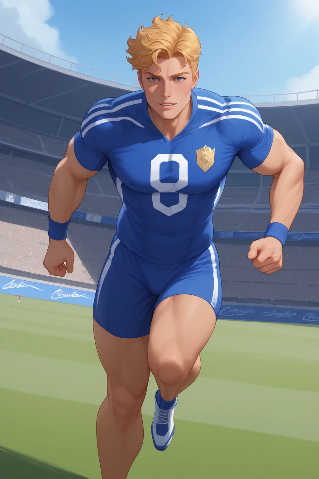 score_9, score_8_up, score_7_up, masterpiece, high quality, BREAK
 <lora:Booster GoldPonyLoRA:1>bstrgld, short hair, soccor tricot, stadium, soccor ball, running, grass