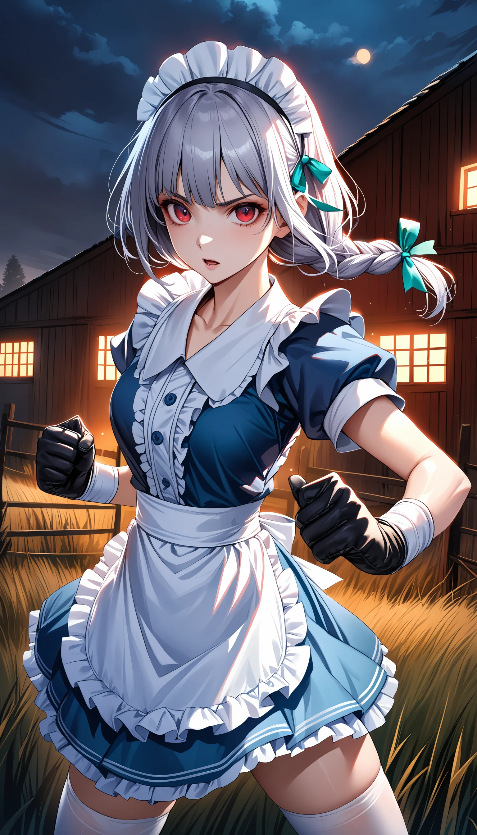 realistic
izayoi sakuya, green bow, maid headdress, thighhighs, ribbon, hair bow, waist apron, twin braids, red eyes, puffy sleeves, maid, blue dress, white hair, frills, gloves, short hair, puffy short sleeves, grey hair, bangs muay thai, fighting stance BREAK countryside, fields, barn, evening, hazy, rural, charming, (darkness:1.3), night, spooky, horror \\(theme\\), masterpiece, best quality