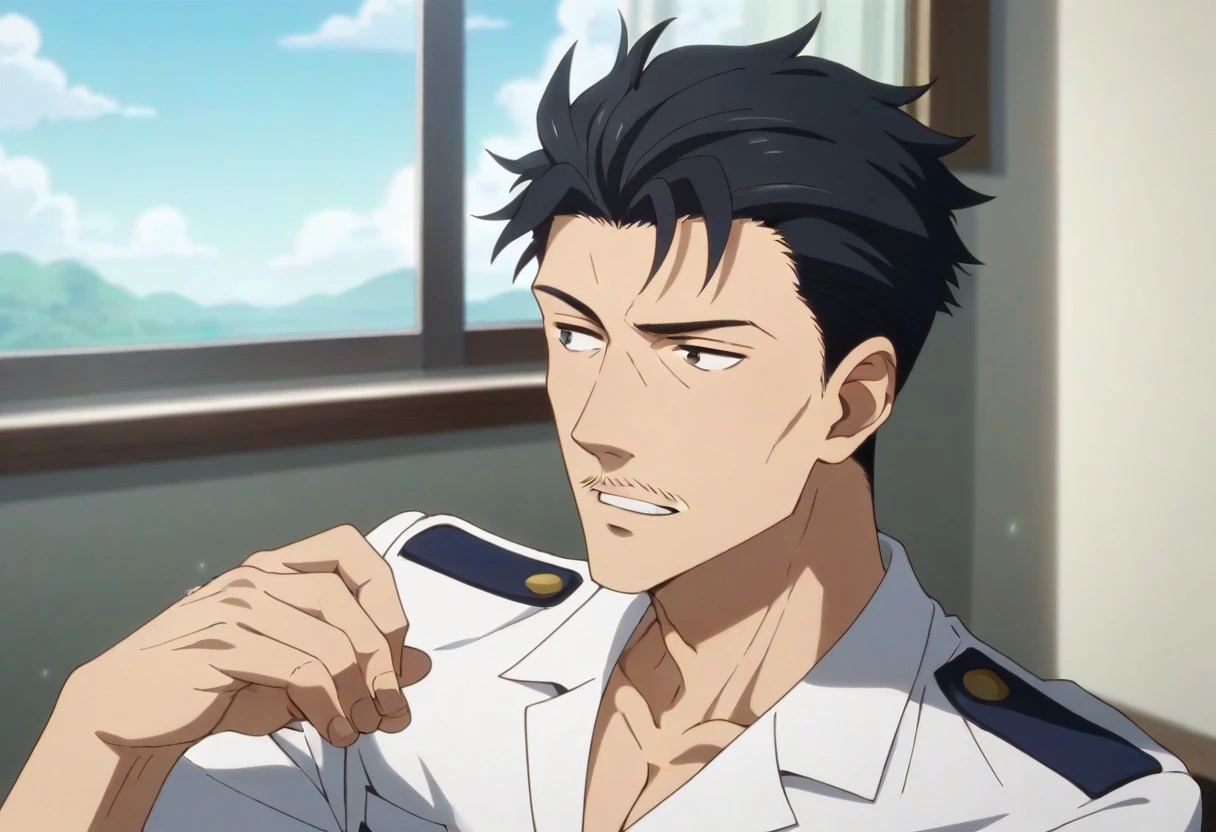 score_9, score_8_up, score_7_up, score_6_up, source_anime, anime screencap, perfect anatomy, perfect proportions, best quality, masterpiece, high_resolution, high quality, aesthetic, absurdres, (male focus), solo male, Ichiro Satomi, black hair, short hair, black eyes, (thin facial hair), thin mustache, military uniform, white shirt, short sleeves, rank slides, khaki pants, adult, mature, masculine, manly, handsome, charming, alluring, (portrait, headshot, upper body, from side), dutch angle, informal individual, laid back individual