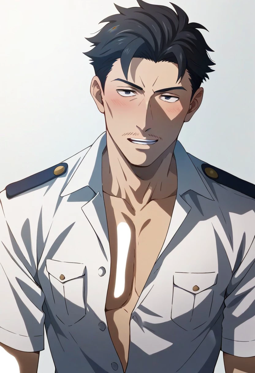 score_9, score_8_up, score_7_up, score_6_up, perfect anatomy, perfect proportions, best quality, masterpiece, high_resolution, high quality, aesthetic, absurdres, (male focus), solo male, Ichiro Satomi, black hair, short hair, black eyes, facial hair, thin mustache, military uniform, white shirt, short sleeves, rank slides, khaki pants, (open shirt, bare chest, bare abdomen), adult, mature, masculine, manly, handsome, charming, alluring, portrait, headshot, upper body, dutch angle, seductive, blush