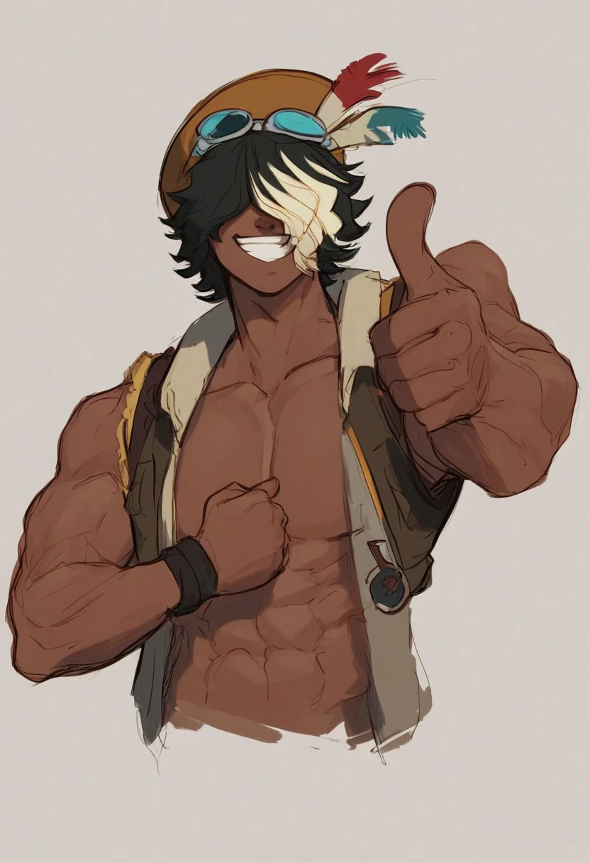 score_7_up, score_8_up, sketch, upper body, front, 
BREAK,
packtauro, human dark skin, muscular, hair covering eyes, cap, thumbs up, grin, simple background, straight ahead,