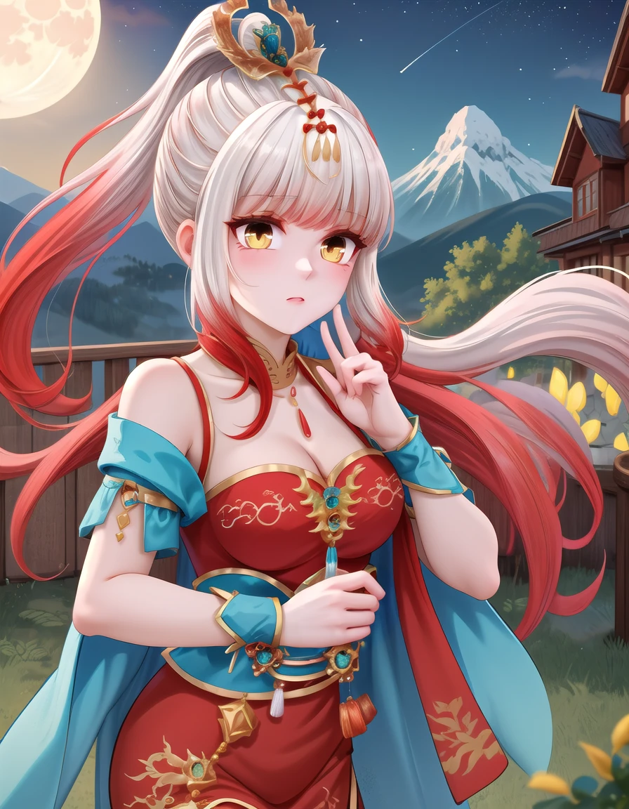 <lora:Feng_Xuer-10:0.8>, (masterpiece), (best quality), (ultra-detailed), absurdres, very aesthetic, illustration, feng_xuer, 1 girl, beautiful face, hair ornament, multicolored hair:1.5, white hair, red hair, long hair, high ponytail, yellow eyes, beautiful eyes, red dress, night, moon, looking up, mountains, <lora:goodhands_Beta_Gtonero:0.7>, good hands