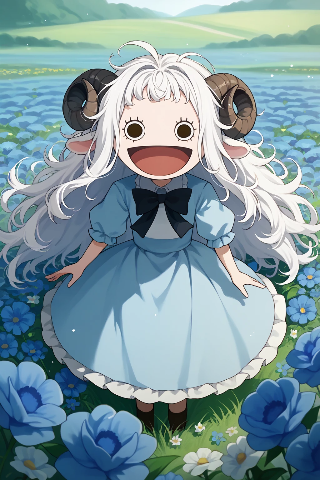 score_9, score_8_up, <lora:NSPikariFace:1> NSPikariFace, open mouth, smile, black eyes, big head, empty eyes, white hair, long hair, messy hair, light blue dress, sheep horns, bowtie, frills, ribbons, flower field, blue flowers, outdoors,